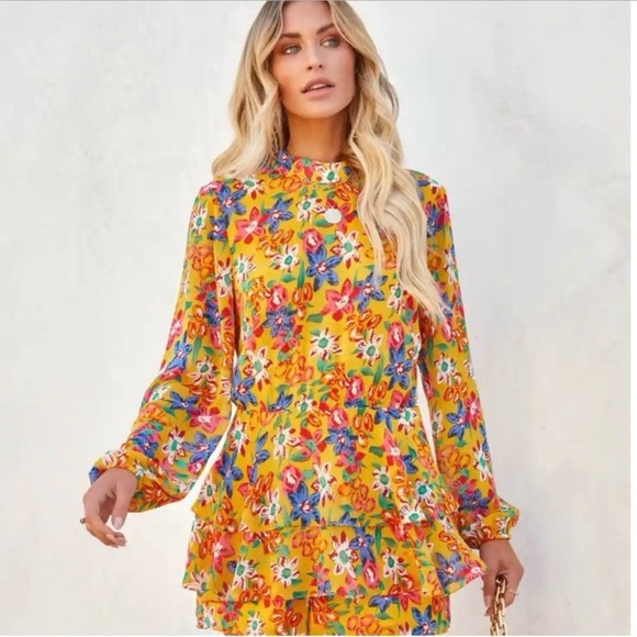 Endless Rose Vivi Yellow  Floral Print Long Sleeve Open Back Romper Size XS - Picture 1 of 12